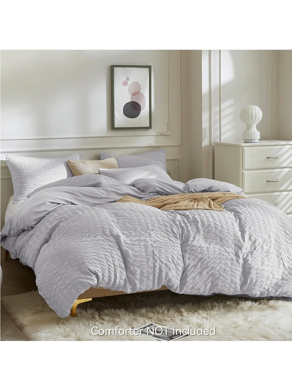 NEW JELLYMONI Light Grey Seersucker Cotton Duvet Cover Set Full, Soft Breathable - Picture 3 of 6